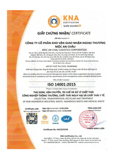 GIẤY CHỨNG NHẬN ISO 14001:2015 