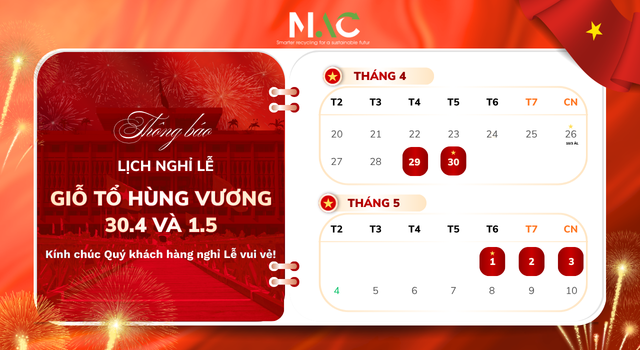THÔNG BÁO LỊCH NGHỈ LỄ GIỖ TỔ HÙNG VƯƠNG, 30/4 VÀ 01/5 NĂM 2026